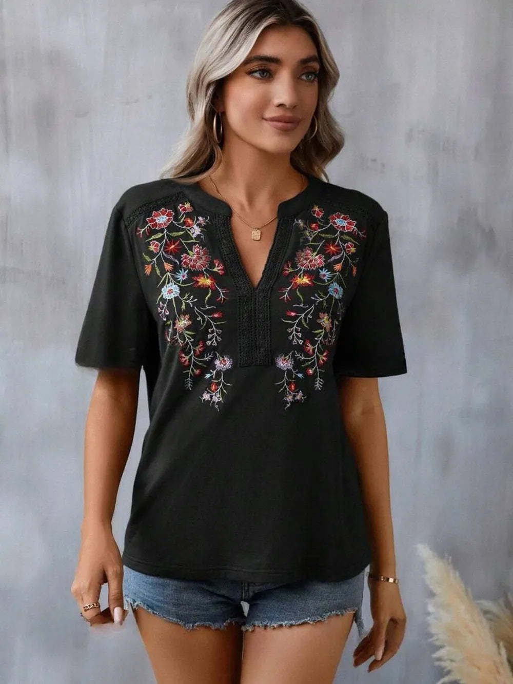 Hazel Blues® |  Embroidered Notched Short Sleeve T-Shirt