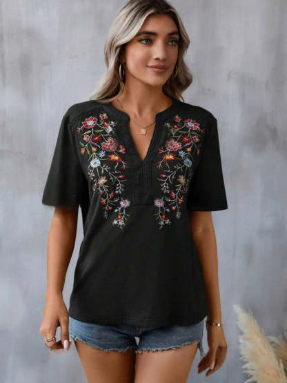 Hazel Blues® |  Embroidered Notched Short Sleeve T-Shirt