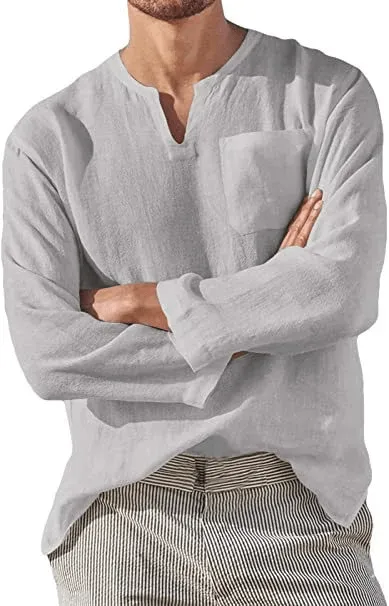 Men's Casual Long Sleeve V-neck Loose Linen Shirt