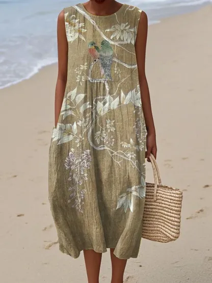 Women's Vintage Abstract Geometric Art Print Sleeveless Cotton Pocket Wrap Dress-Series4