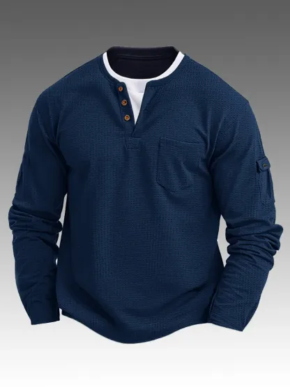 Men's Casual Fake Two Piece Double Layer V-neck Long Sleeved Bottoming Shirt