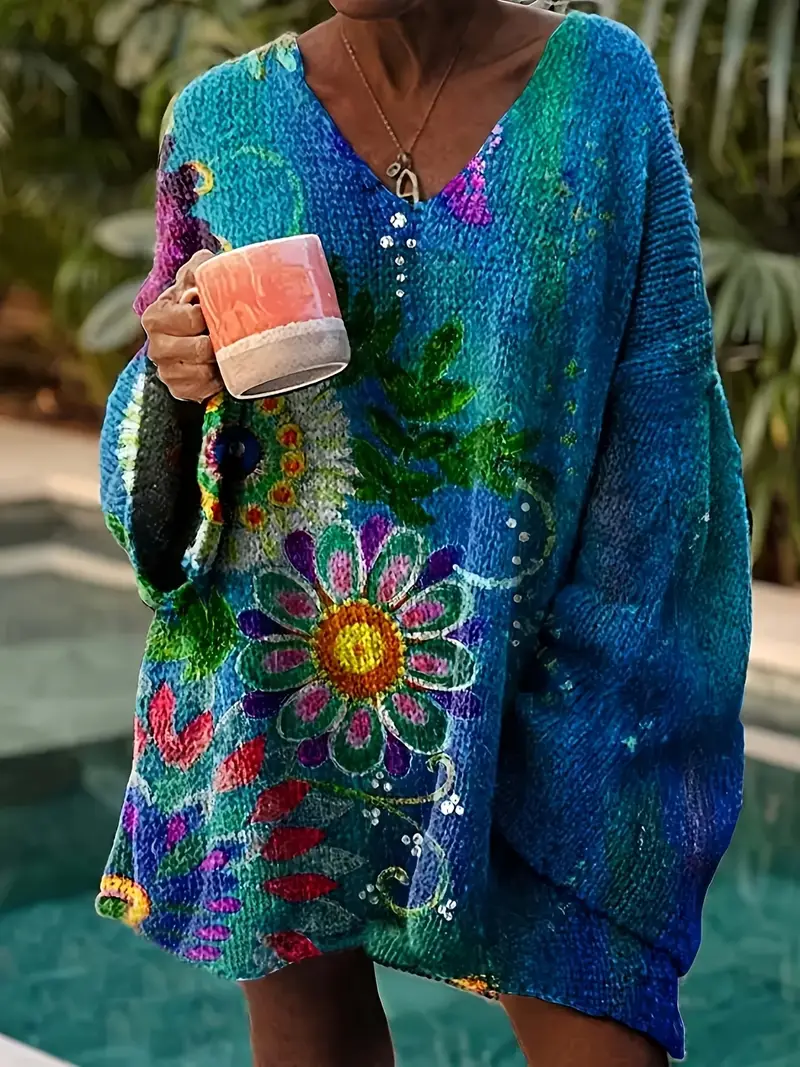 Women's Elegant Vintage Floral Knitted Pullover Loose Top