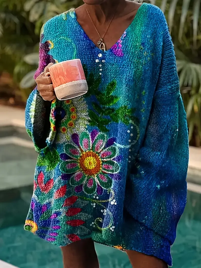 Women's Elegant Vintage Floral Knitted Pullover Loose Top