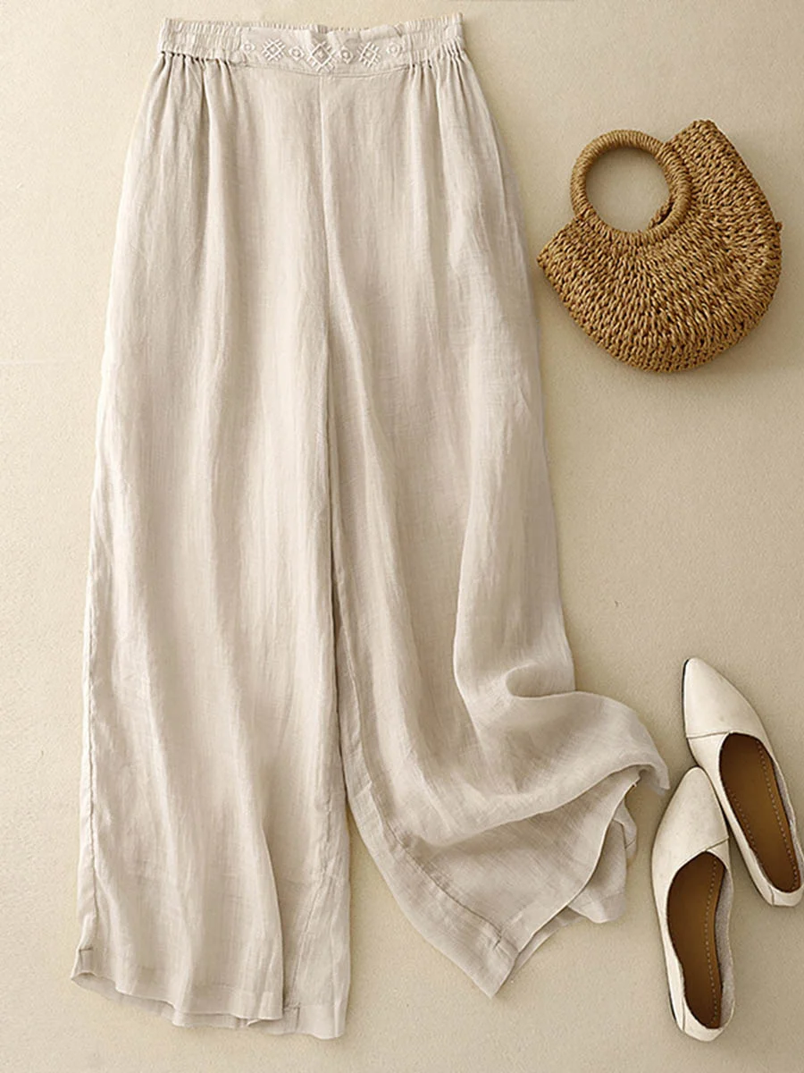 Women's Solid Color Elastic Waist Loose Casual Cotton and Linen Wide Leg Pants