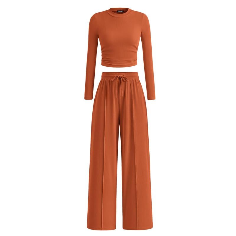 Woman's 2-Piece Ribbed Knit Long Sleeve Crop Top Wide Leg Pants Matching Lounge Set Loungewear[Buy 2 Free Shipping]