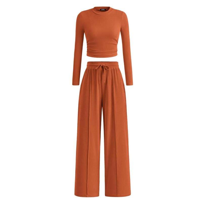Woman's 2-Piece Ribbed Knit Long Sleeve Crop Top Wide Leg Pants Matching Lounge Set Loungewear[Buy 2 Free Shipping]