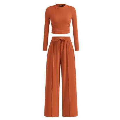 Woman's 2-Piece Ribbed Knit Long Sleeve Crop Top Wide Leg Pants Matching Lounge Set Loungewear[Buy 2 Free Shipping]