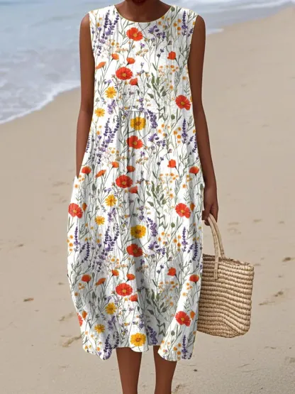 Women's Vintage Abstract Geometric Art Print Sleeveless Cotton Pocket Wrap Dress-Series5