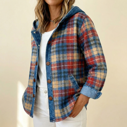 Contrast Denim Plaid Hooded Jacket