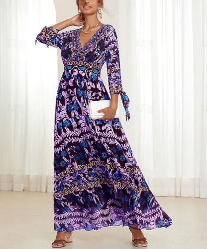 Women's Bohemian Maxi Dress V-Neck