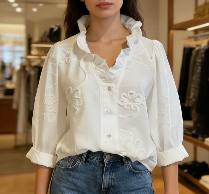 Casual Romantic Ruffled Collar Cotton Shirt