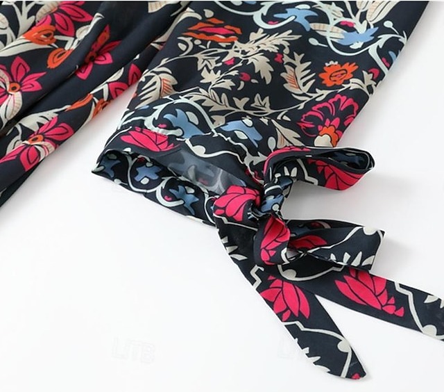  Women's Bohemian Maxi Dress V-Neck Long Sleeve Floral Belted Front Slit Navy Blue Pink Light Background Spring Summer Beach Party Casual Feminine Full Sizes