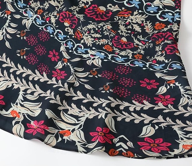  Women's Bohemian Maxi Dress V-Neck Long Sleeve Floral Belted Front Slit Navy Blue Pink Light Background Spring Summer Beach Party Casual Feminine Full Sizes