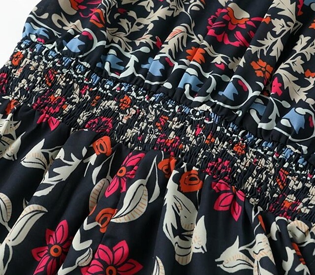  Women's Bohemian Maxi Dress V-Neck Long Sleeve Floral Belted Front Slit Navy Blue Pink Light Background Spring Summer Beach Party Casual Feminine Full Sizes