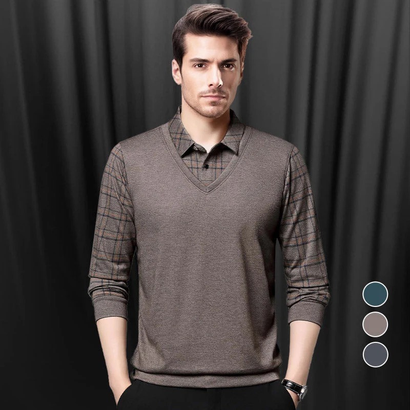 🍂 Early Fall Deal 49% OFF 🍂 Men's Pure Cotton Faux Two-Piece Lapel Long-Sleeve Tops
