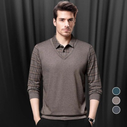🍂 Early Fall Deal 49% OFF 🍂 Men's Pure Cotton Faux Two-Piece Lapel Long-Sleeve Tops