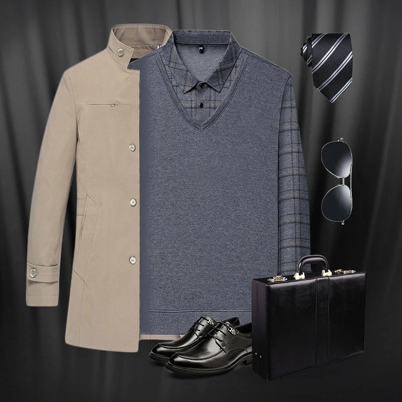 🍂 Early Fall Deal 49% OFF 🍂 Men's Pure Cotton Faux Two-Piece Lapel Long-Sleeve Tops