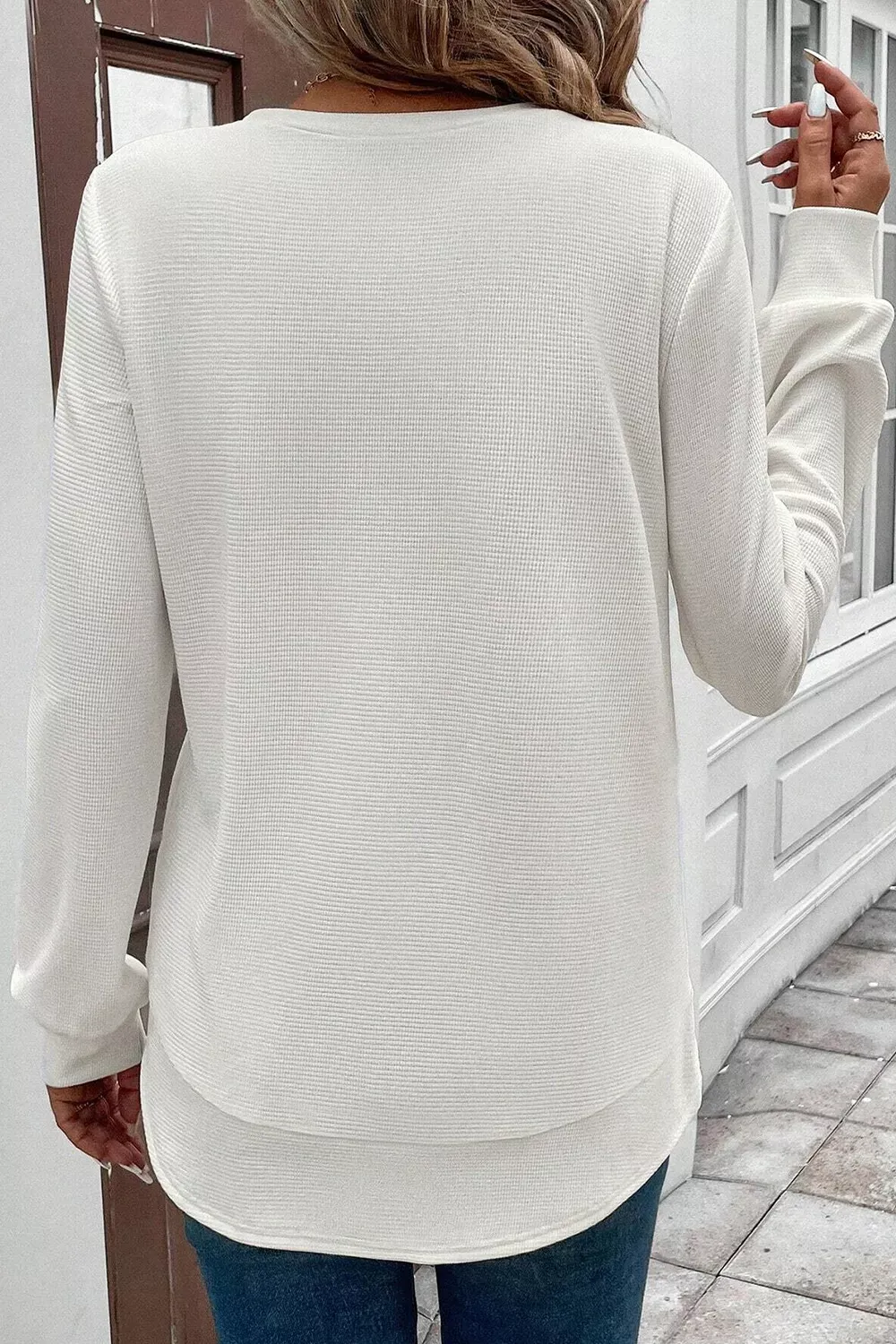 Rounded Neck Waffle Long Sleeve Top