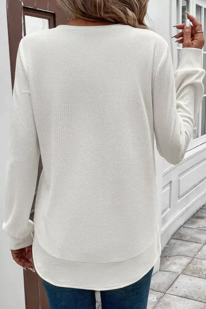 Rounded Neck Waffle Long Sleeve Top
