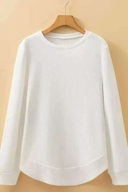 Rounded Neck Waffle Long Sleeve Top