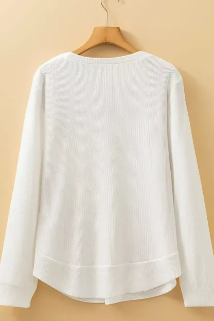 Rounded Neck Waffle Long Sleeve Top