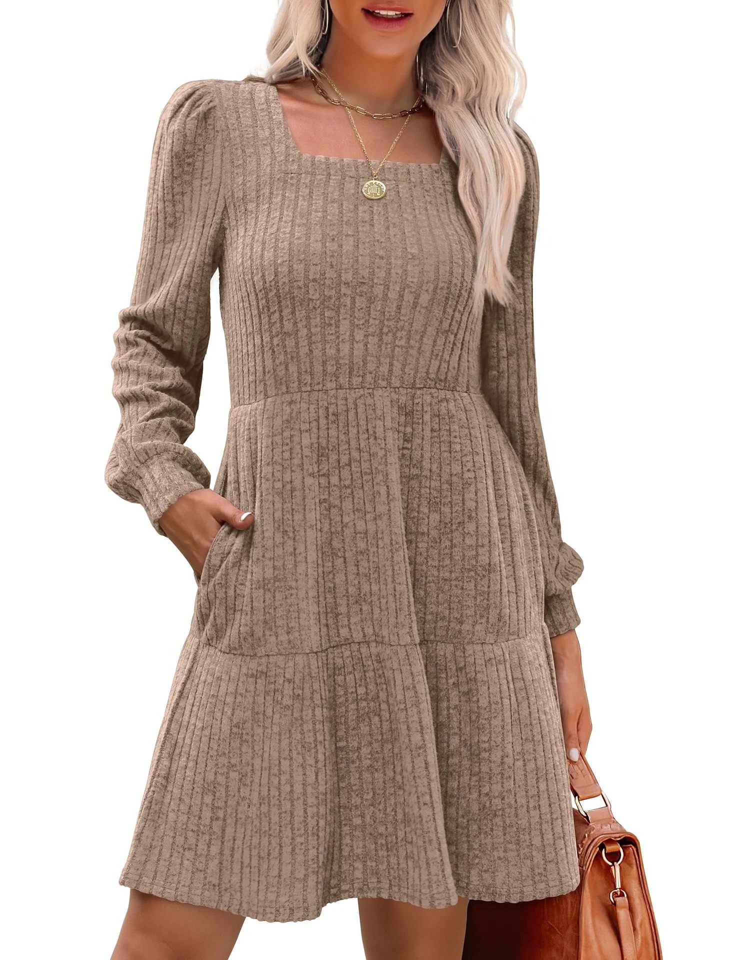 🔥Womens Square Neck Long Sleeve Fall Dresses Casual Babydoll Sweater Dress