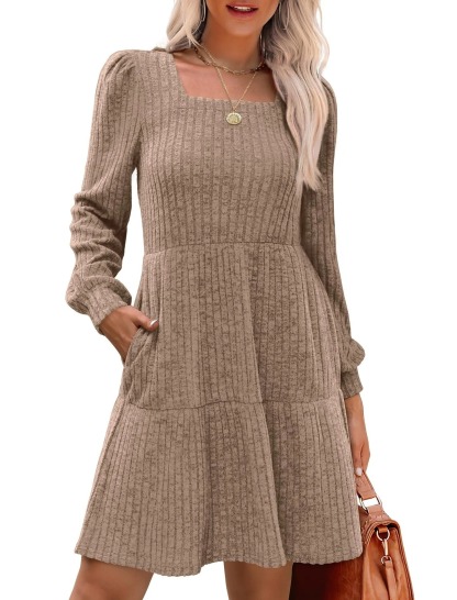 🔥Womens Square Neck Long Sleeve Fall Dresses Casual Babydoll Sweater Dress