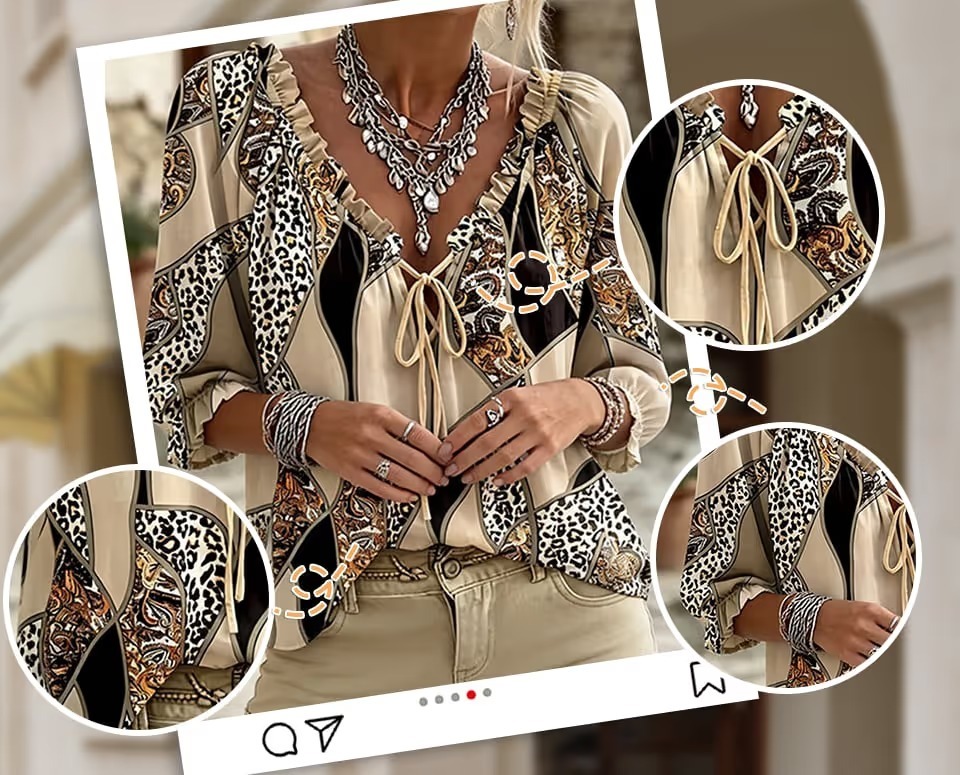 V-Neck Puff Sleeve Lace-Up Blouse