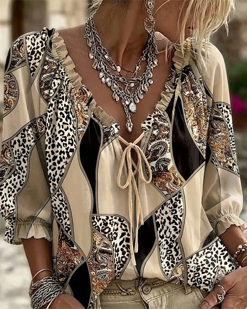 V-Neck Puff Sleeve Lace-Up Blouse