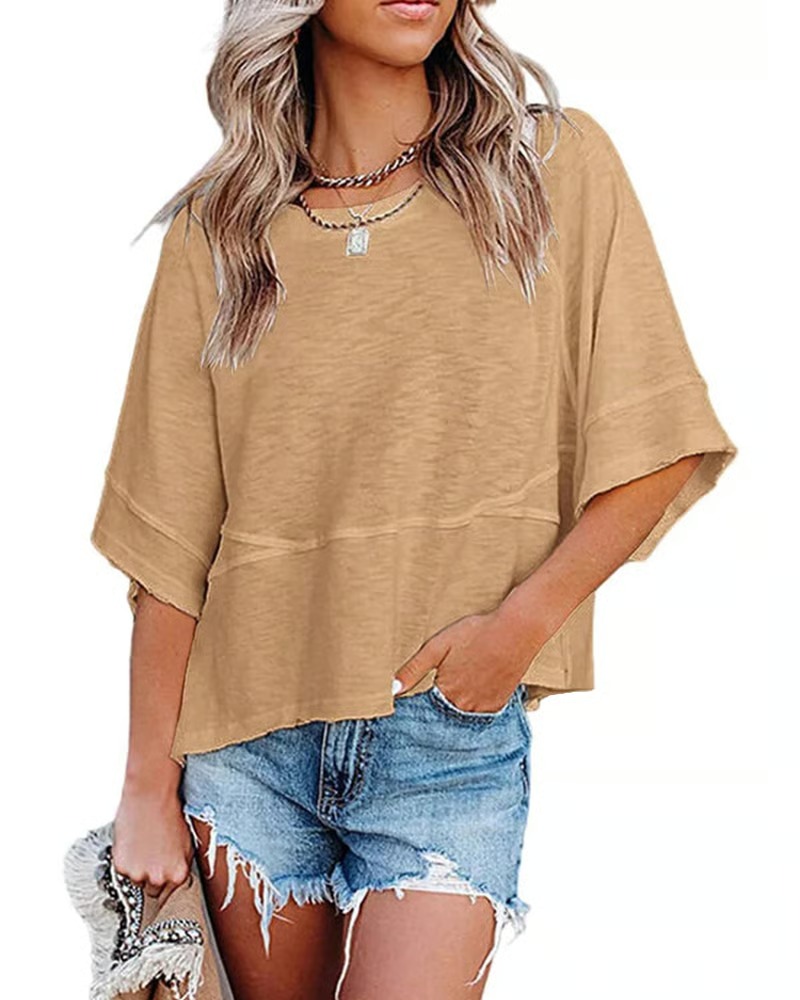 Non-Slit Patched Solid Color Bell Sleeve T-Shirt
