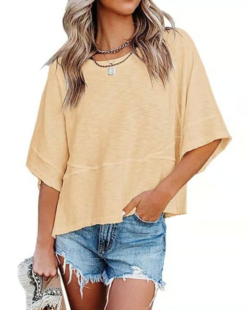 Non-Slit Patched Solid Color Bell Sleeve T-Shirt