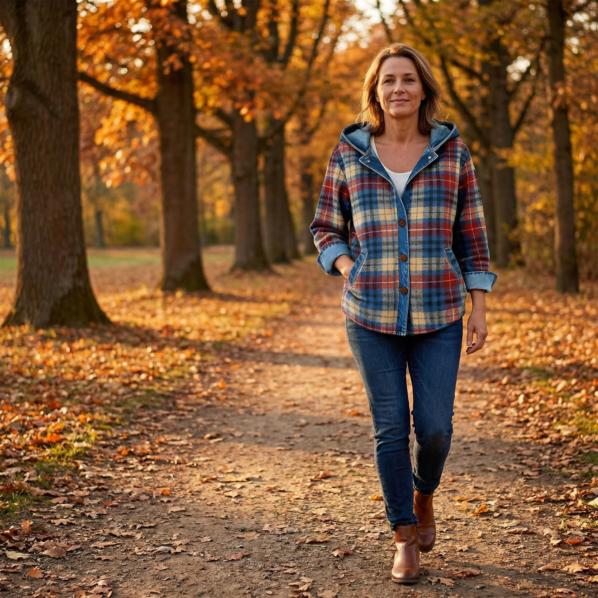Contrast Denim Plaid Hooded Jacket