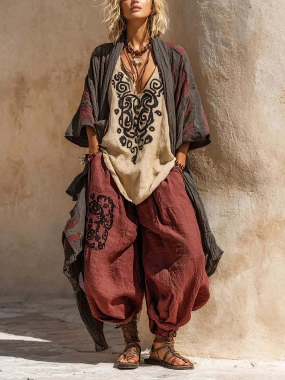 Boho Casual Loose Linen Cotton Three-piece Set