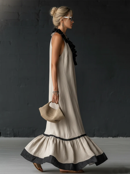 Elegant And Romantic Ruffled Color-blocked Maxi Dress