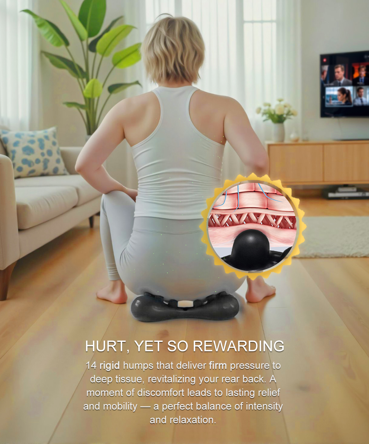 woman sit on piriformis release tool deep tissue massage trigger point for syndrome