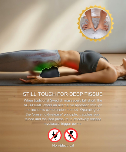 Woman using Acu-hump non-electric SI joint massage tool mimics therapist's pressure for glutes relief