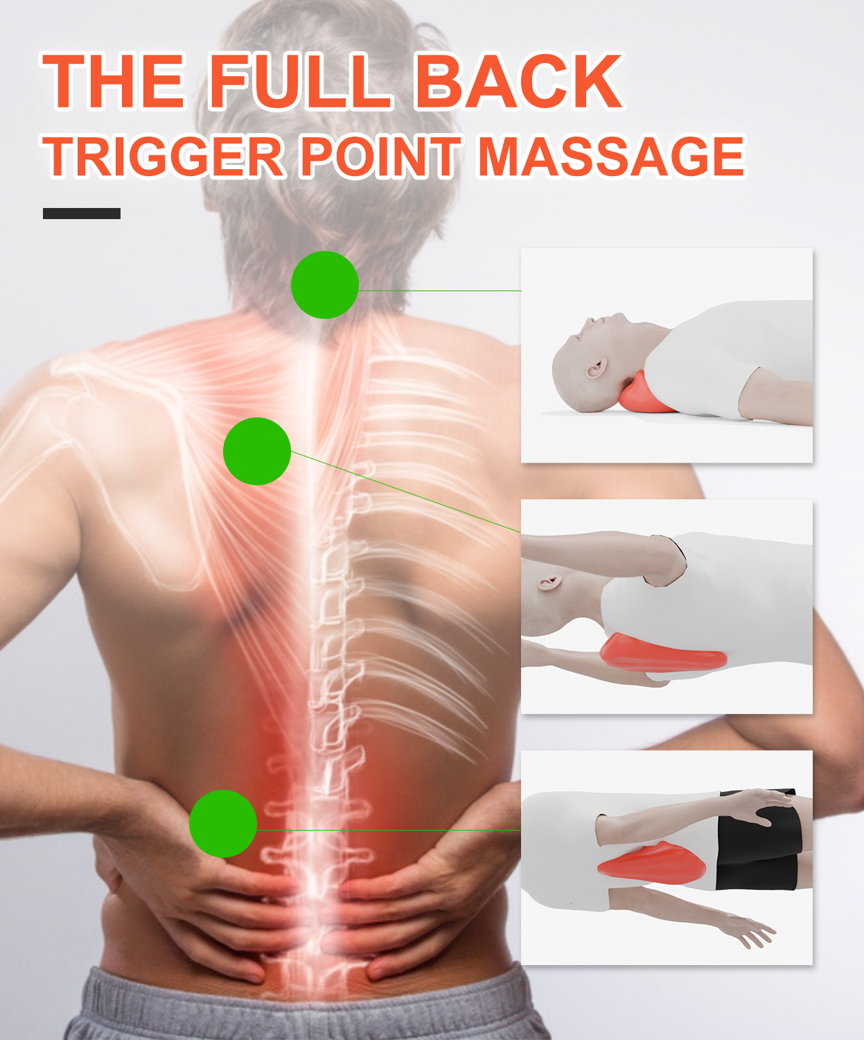 Man using trigger point massage Wedge targeting trapezius, rhomboid, and lower back muscles release
