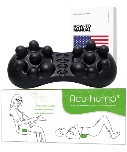 Acu-Hump massage tool for piriformis/SI joint relief. Seated/floor use. Includes manual.
