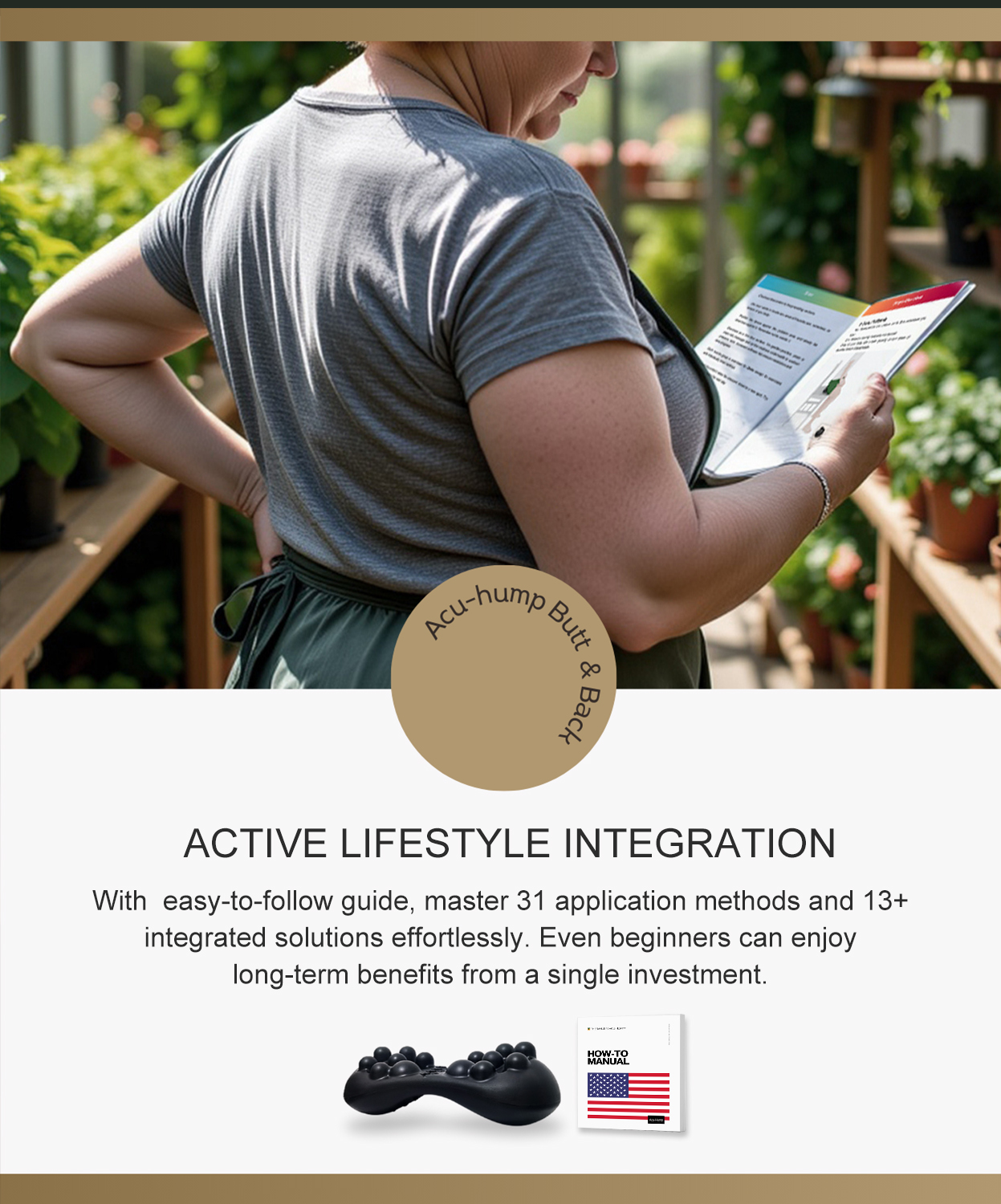 Elderly plus-size woman in garden store learning Acu-hump massage tool uses for gluteal pain relief