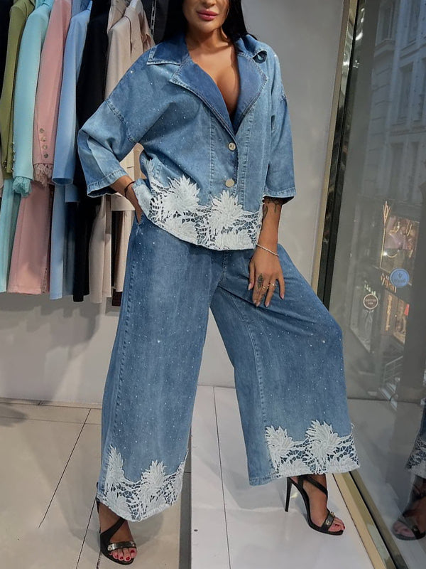 Women's Lapel Rhinestone Patchwork Printed Denim Suit