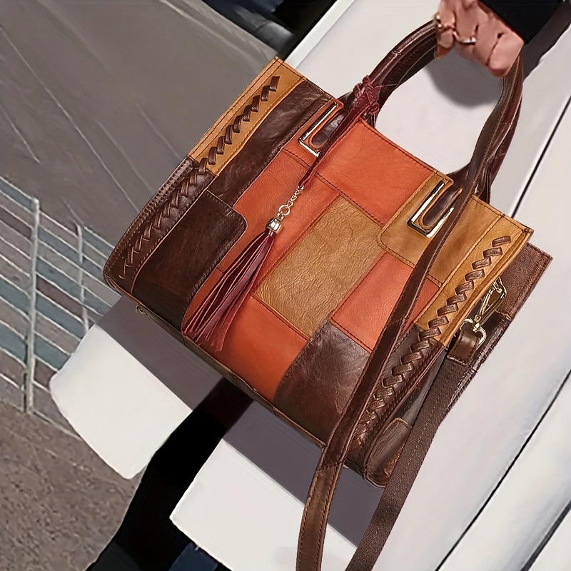 🎁 ¡Descuento del 48% en todos los productos! LujoEspléndido🌟💼Bolso de mano de cuero genuino retro, bolso de hombro con costuras de bloques de color, bolso de lujo con doble asa