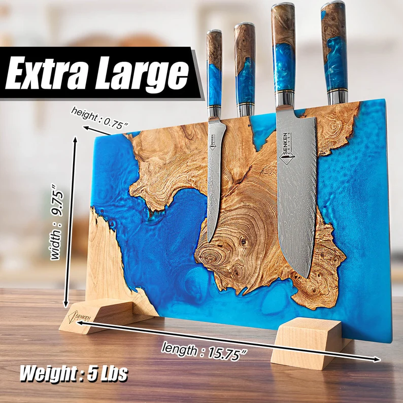 Extra Large "Tsunami " Magnetic Knife Block - Holds Up to 16 Knives - Beautiful Blue Resin & Natural Wood Blend, Universal Knife Holder