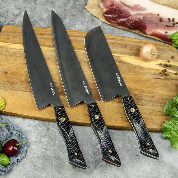 KD Moretsuna Knife Set 3-6-layer Clad Black Oxide Coating Chef Kiritsuke Knife