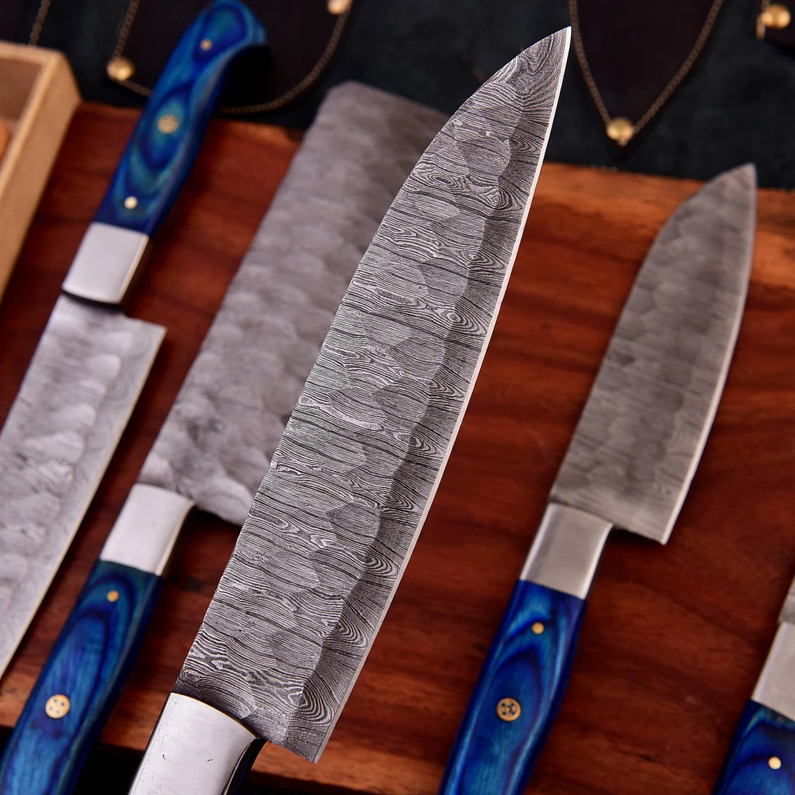 Personalised Damascus Steel Chef Set, Carbon Steel Chef Knif Set For Kitchen, Damascus Handmade Kitchen Set For Easter Gift, Cooking Knif.