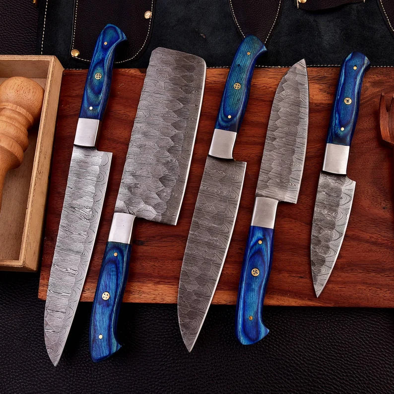 Personalised Damascus Steel Chef Set, Carbon Steel Chef Knif Set For Kitchen, Damascus Handmade Kitchen Set For Easter Gift, Cooking Knif.