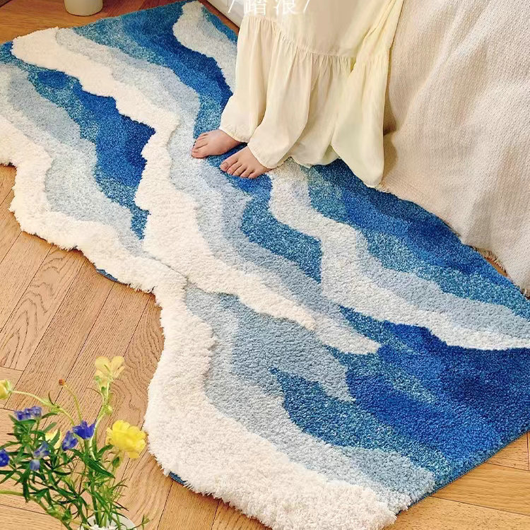 Flocking Thickened Household Special-Shaped Bedroom Living Room Carpet Ins Blue HAILANG Non-Slip Stain-Resistant Bedside Mats