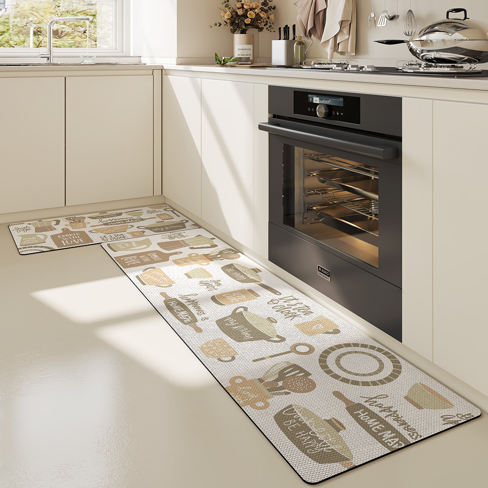 Minimalist PVC Long Strip Kitchen Mat PU Leather Waterproof Oil-Proof Non-Slip Household Wipeable No-Wash