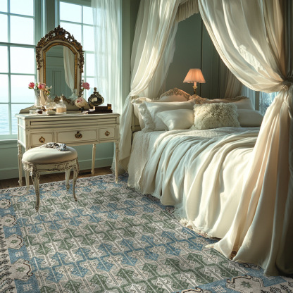 Machine Washable Vintage Geometric Mediterranean Blue Green Ethnic Style Non-Slip Carpet Rug for Living Room Bedroom