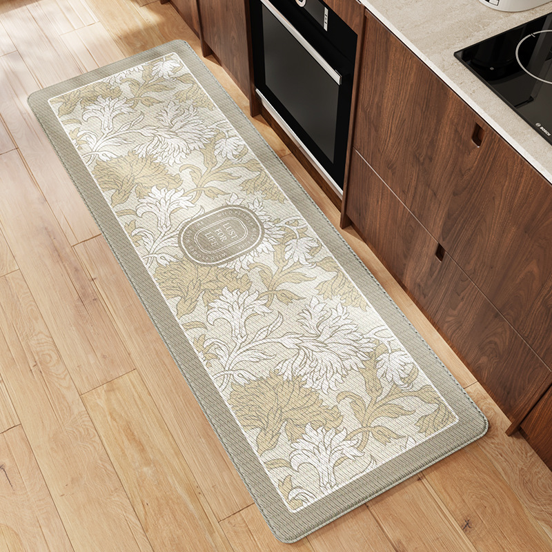 Cross-Simple Floral Kitchen Floor Mat Leather Kitchen Pad Waterproof Greaseproof Wear-Resistant Non-Slip Foot Mat