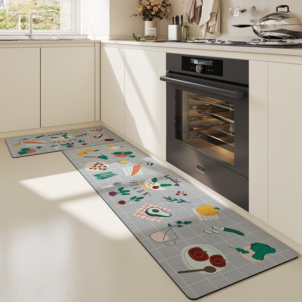 Minimalist PVC Long Strip Kitchen Mat PU Leather Waterproof Oil-Proof Non-Slip Household Wipeable No-Wash